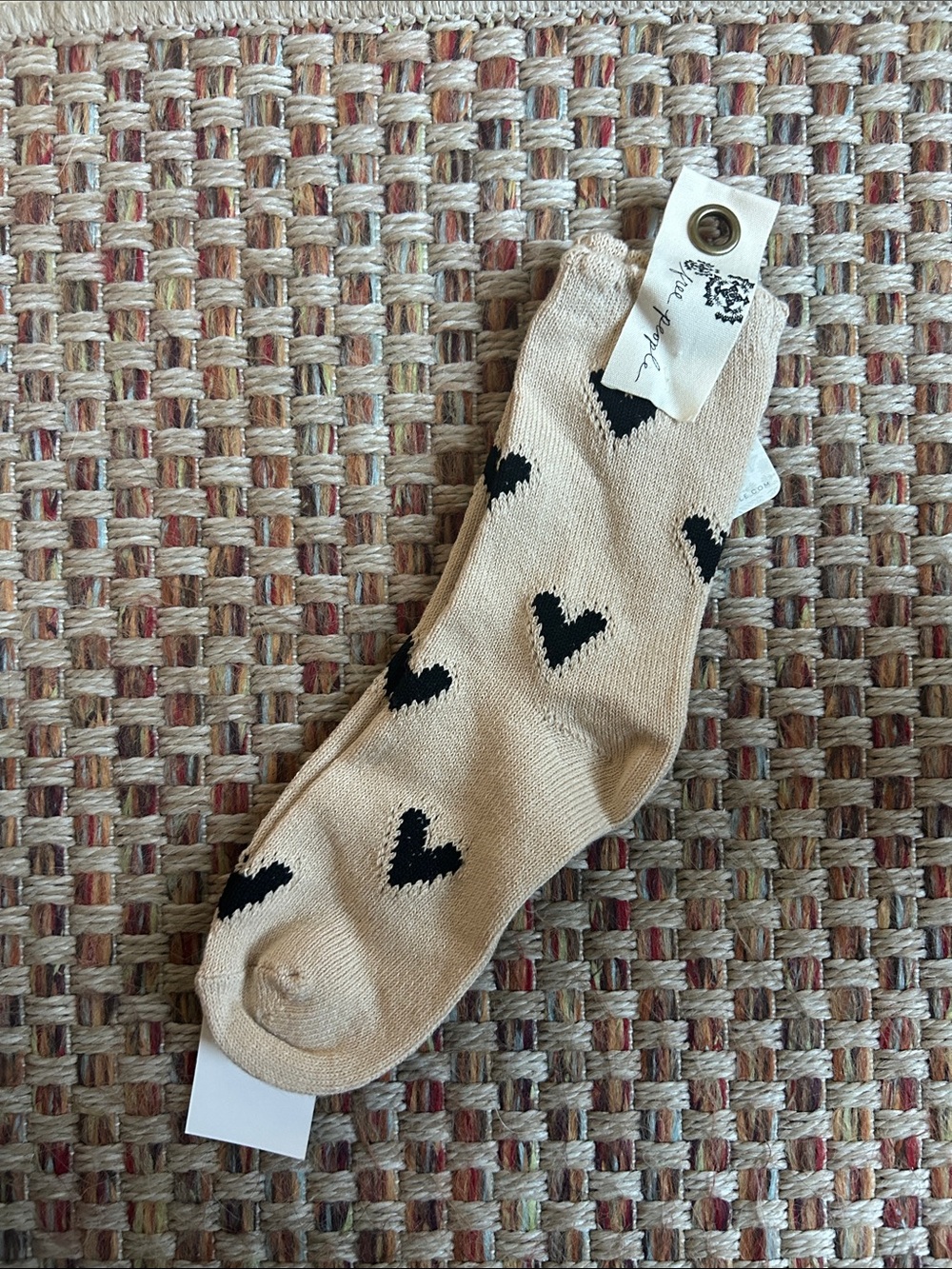 Free People Beige Socks with Black Heart Pattern